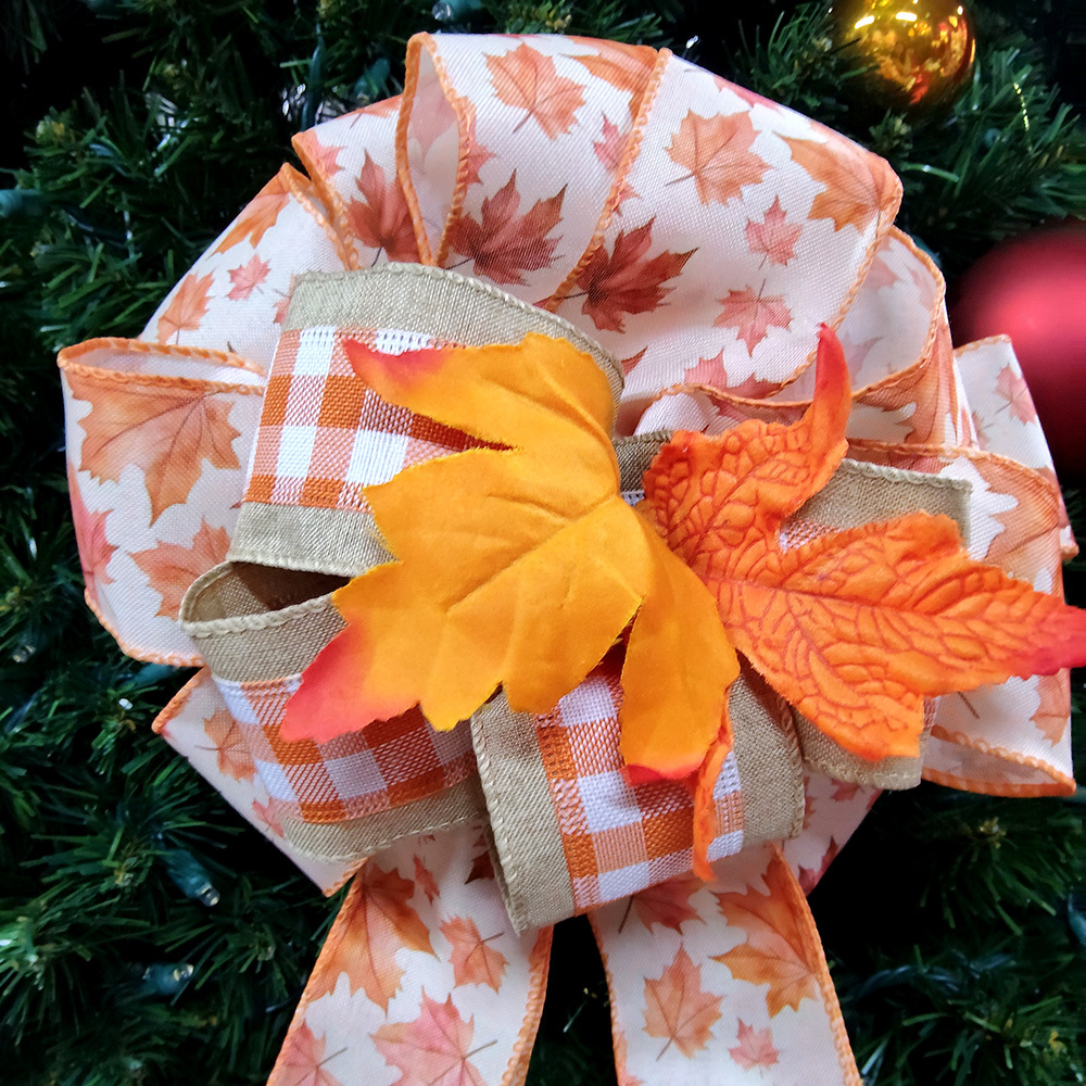 Luxurious Maple Leaf Christmas Bow with Plaid Ribbon & Tassel Accents Autumn Hued Festive Decoration for Wreaths, Gifts & Mantel Ornaments