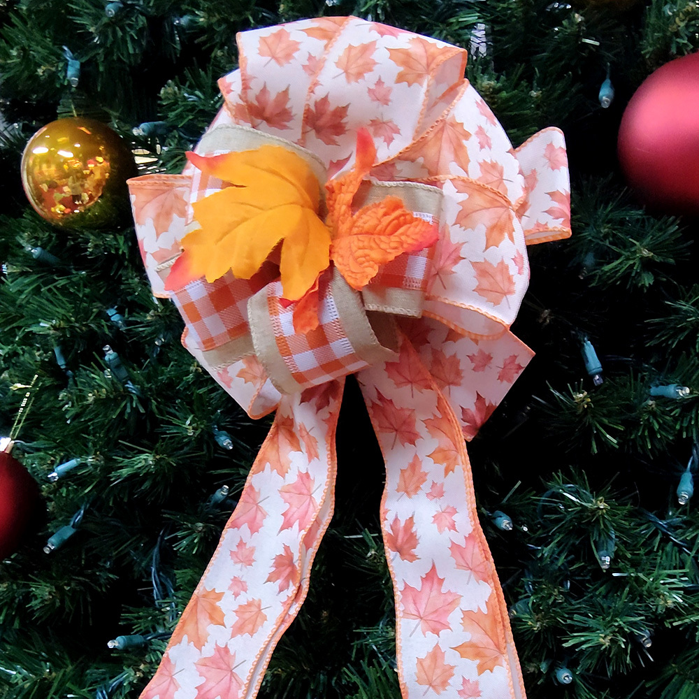 Luxurious Maple Leaf Christmas Bow with Plaid Ribbon & Tassel Accents Autumn Hued Festive Decoration for Wreaths, Gifts & Mantel Ornaments