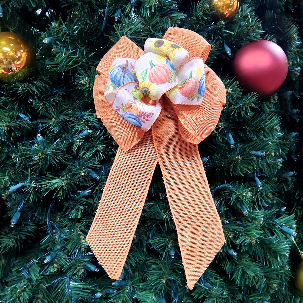 Autumn Pumpkin & Sunflower Decorative Bow with Satin & Tulle Ribbons Soft Fabric Seasonal Bow for Christmas Gifts, Wreaths & Mantel Ornaments (Warm Orange Yellow Blue Tones)