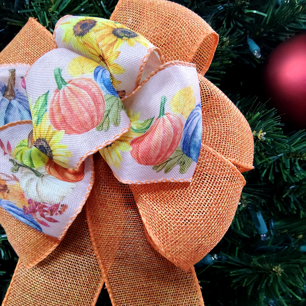 Autumn Pumpkin & Sunflower Decorative Bow with Satin & Tulle Ribbons Soft Fabric Seasonal Bow for Christmas Gifts, Wreaths & Mantel Ornaments (Warm Orange Yellow Blue Tones)