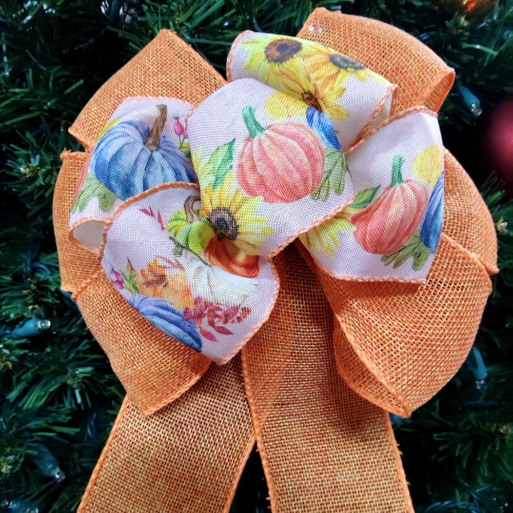 Autumn Pumpkin & Sunflower Decorative Bow with Satin & Tulle Ribbons Soft Fabric Seasonal Bow for Christmas Gifts, Wreaths & Mantel Ornaments (Warm Orange Yellow Blue Tones)
