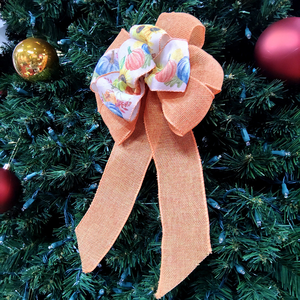 Autumn Pumpkin & Sunflower Decorative Bow with Satin & Tulle Ribbons Soft Fabric Seasonal Bow for Christmas Gifts, Wreaths & Mantel Ornaments (Warm Orange Yellow Blue Tones)