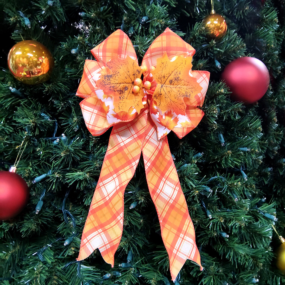 Charming Orange White Plaid Christmas Bow with Autumn Leaves & Berries Handcrafted Festive Decoration for Wreaths, Gifts & Mantel Ornaments (Textured Fabric with Metallic Gold Accents)