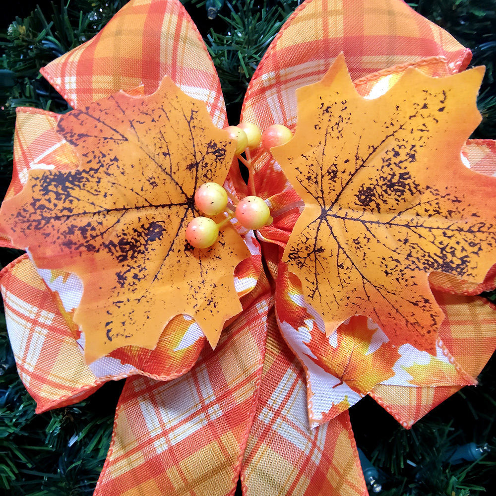 Charming Orange White Plaid Christmas Bow with Autumn Leaves & Berries Handcrafted Festive Decoration for Wreaths, Gifts & Mantel Ornaments (Textured Fabric with Metallic Gold Accents)