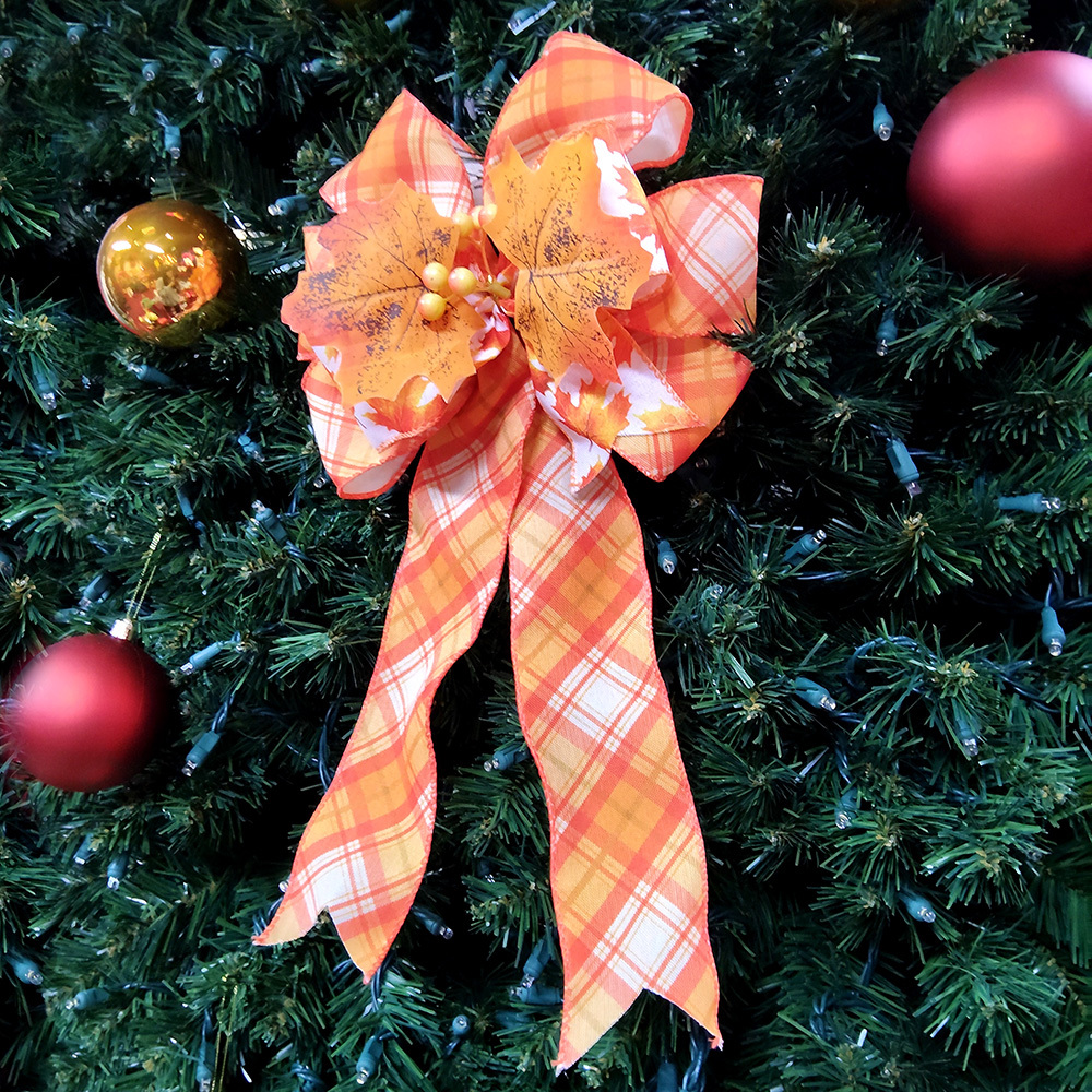 Charming Orange White Plaid Christmas Bow with Autumn Leaves & Berries Handcrafted Festive Decoration for Wreaths, Gifts & Mantel Ornaments (Textured Fabric with Metallic Gold Accents)
