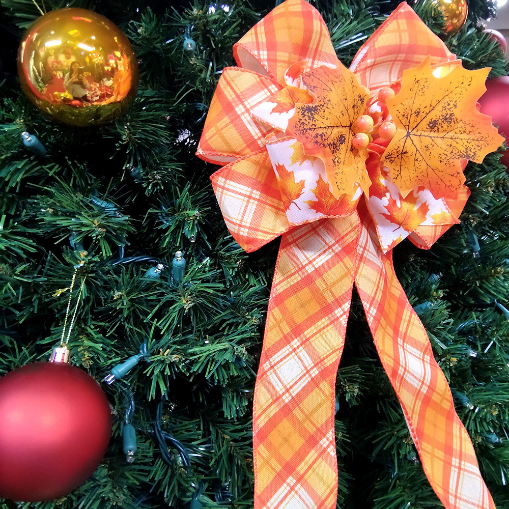 Charming Orange White Plaid Christmas Bow with Autumn Leaves & Berries Handcrafted Festive Decoration for Wreaths, Gifts & Mantel Ornaments (Textured Fabric with Metallic Gold Accents)