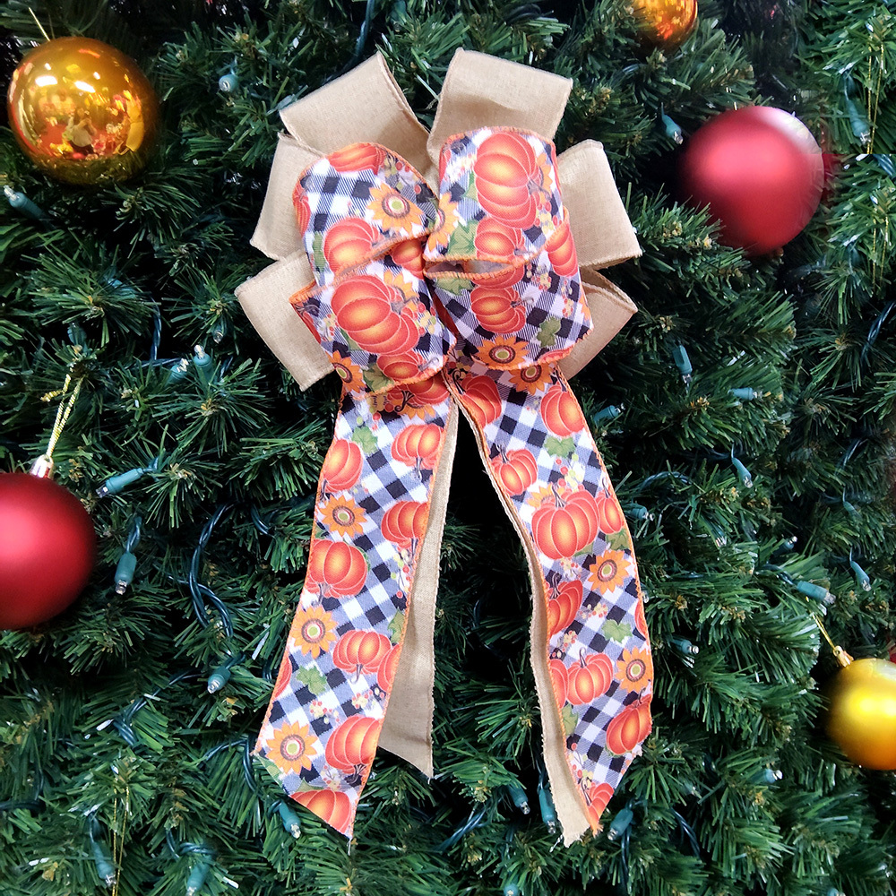 Vibrant Pumpkin & Sunflower Christmas Bow with Burlap & Satin Ribbon Rustic Farmhouse Holiday Decoration for Wreaths, Gifts & Mantel Ornaments (Metallic Gold Accents & Textured Autumn Design)