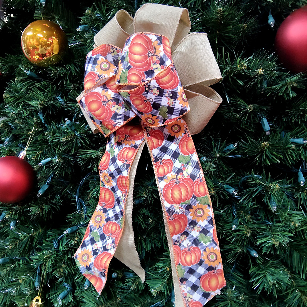 Vibrant Pumpkin & Sunflower Christmas Bow with Burlap & Satin Ribbon Rustic Farmhouse Holiday Decoration for Wreaths, Gifts & Mantel Ornaments (Metallic Gold Accents & Textured Autumn Design)