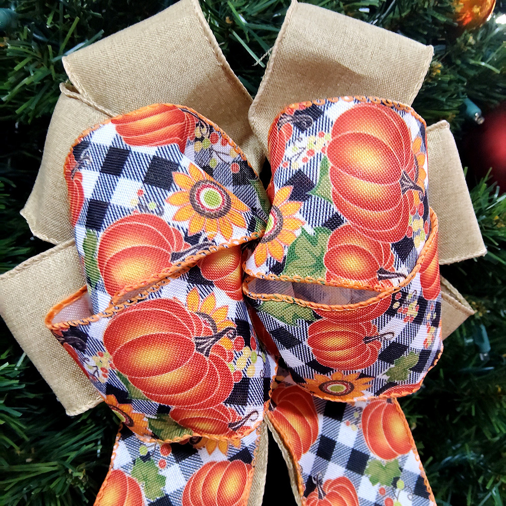 Vibrant Pumpkin & Sunflower Christmas Bow with Burlap & Satin Ribbon Rustic Farmhouse Holiday Decoration for Wreaths, Gifts & Mantel Ornaments (Metallic Gold Accents & Textured Autumn Design)