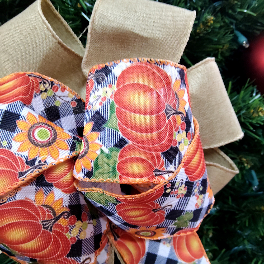 Vibrant Pumpkin & Sunflower Christmas Bow with Burlap & Satin Ribbon Rustic Farmhouse Holiday Decoration for Wreaths, Gifts & Mantel Ornaments (Metallic Gold Accents & Textured Autumn Design)