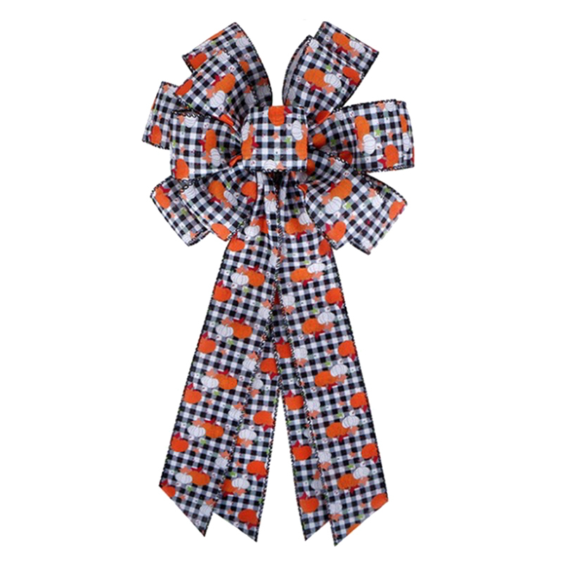 Black White Buffalo Plaid Pumpkin Bow for Fall Décor - Autumn Thanksgiving Bow