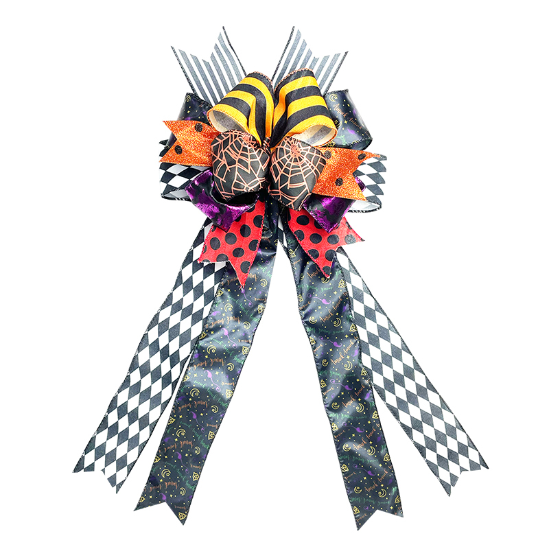 Halloween Wreath Bow Holiday Black Gold Spider Web Diamond lattice Multi Layed Gift