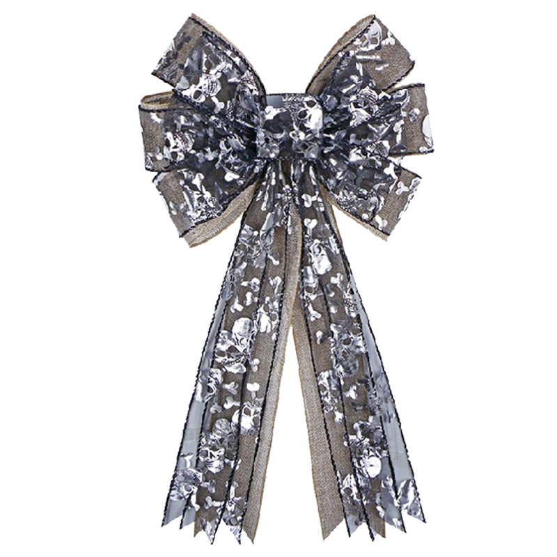 Halloween Wreath Bow Holiday Black Silver Skull Yarn Multi Layed Gift Bow