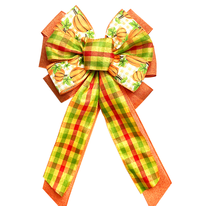 Large Thanksgiving Wreath Burlap Buffalo Plaid Pumpkin Gift Bow Tree Topper for Fall