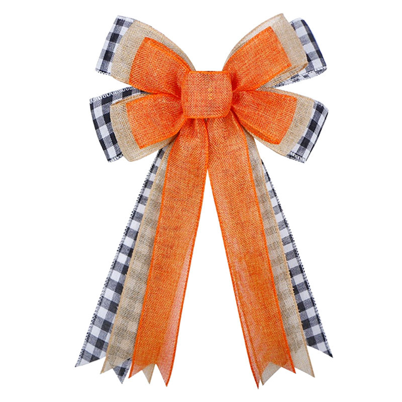 Orange Burlap Black White Buffalo Plaid Gift Bow Tree Topper for Fall Thanksgiving