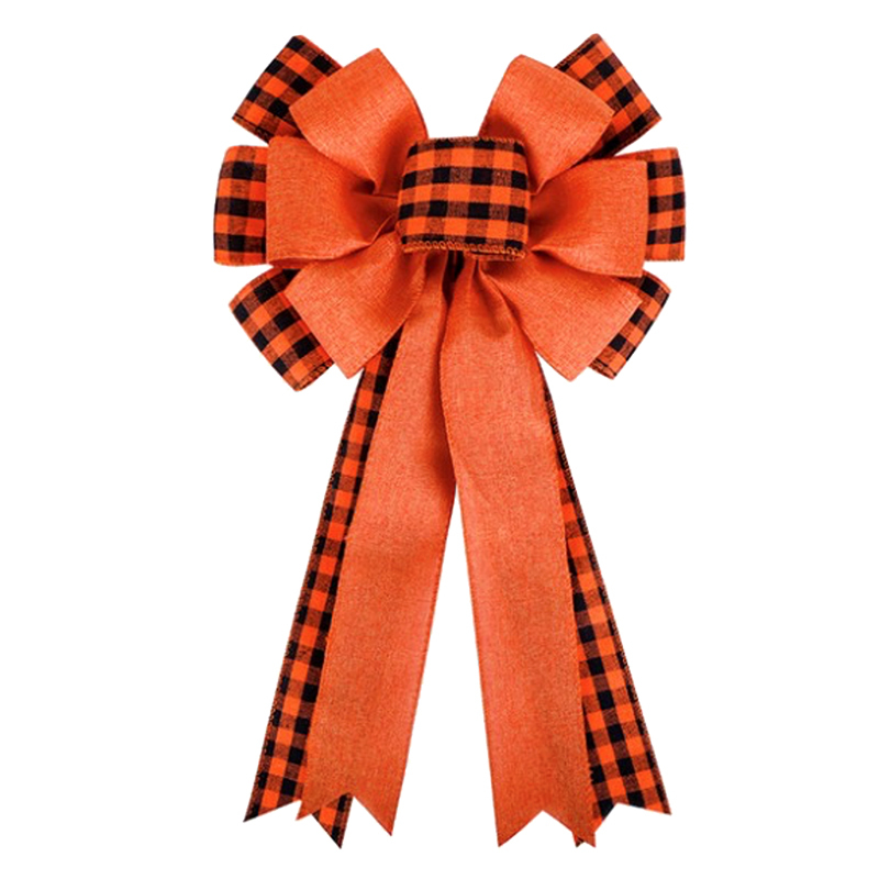 Orange and Black Buffalo Plaid Bow Large Xmas Swag Bow Pre-Tied Decorative Check Bow