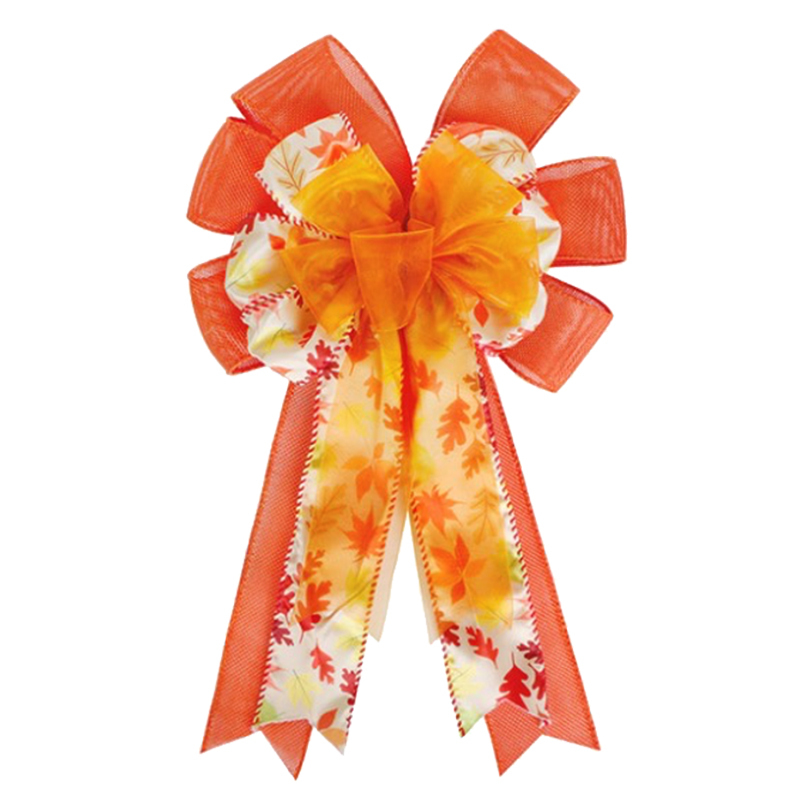 Thanksgiving Wreath Bow Orange Burlap and Maple Leaves Yarn Multi Layered Bow