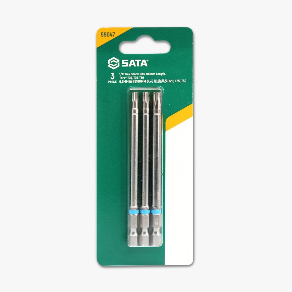 59047 SATA 3Pc. 1/4" Hex Shank Bits, 100mm Length, Torx® T20,T25,T30