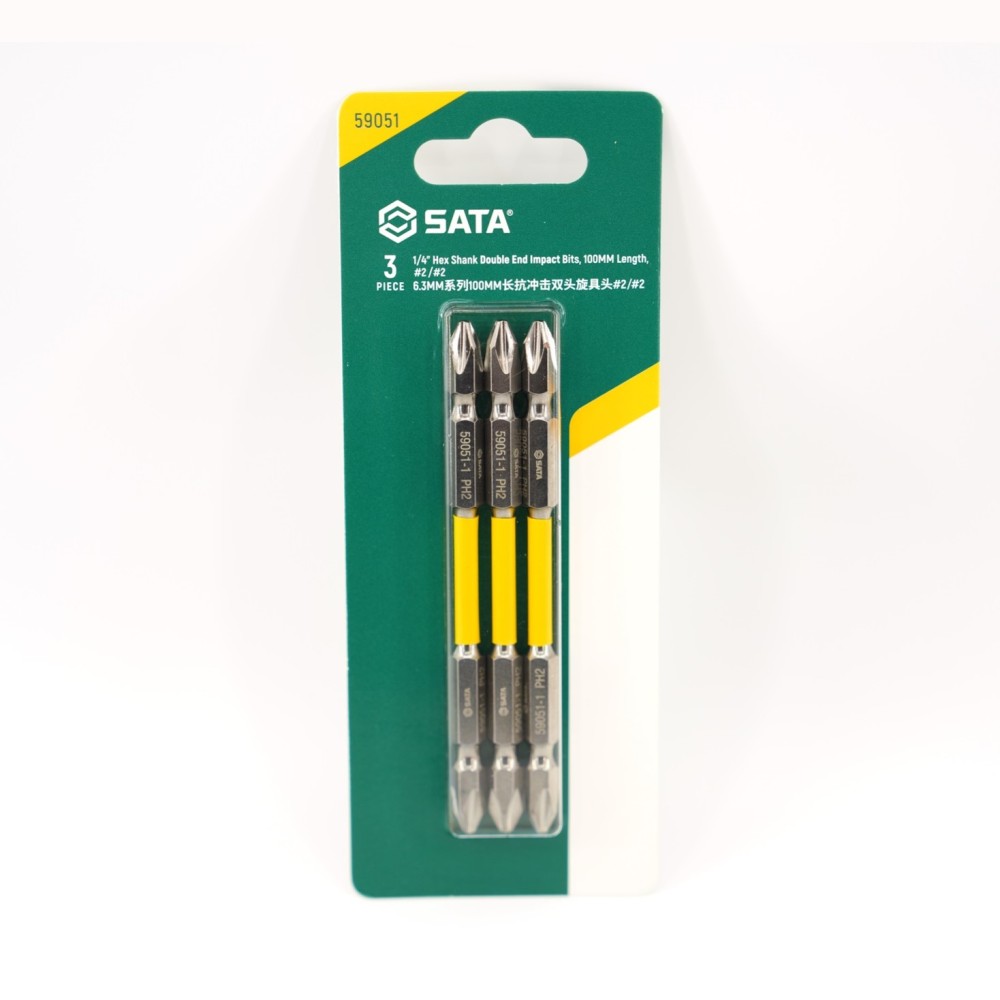 59051 SATA 3Pc. 1/4" Hex Shank Double End Impact Bits, 100mm Length, #2/#2