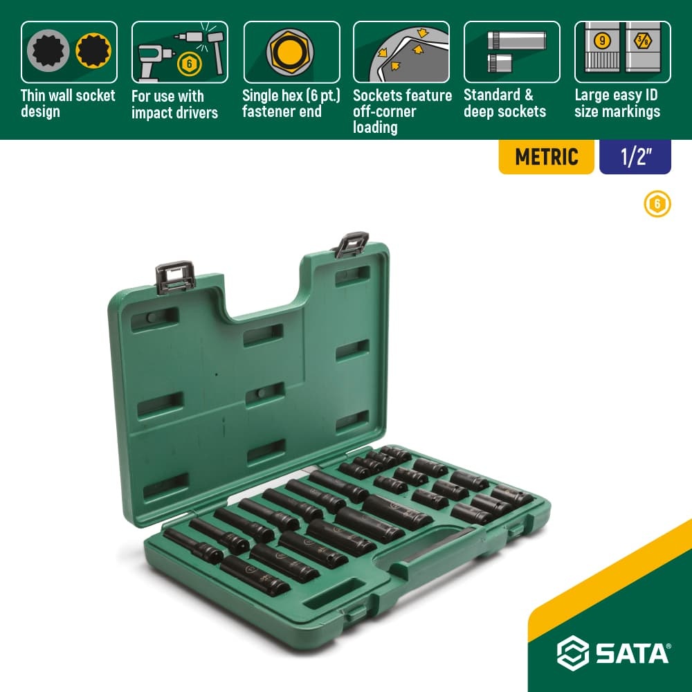 ST34399T SATA 26Pc. 1/2" Drive 6 Point Metric Standard & Deep Thin Wall Impact Socket Set