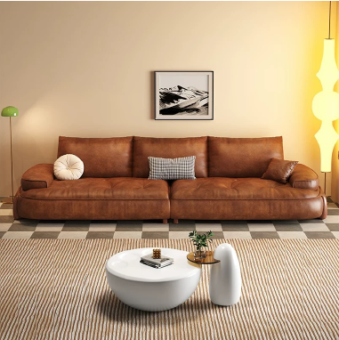 Modern Curved Faux Leather Sofa LMOOLE with Down - Filled Cushions