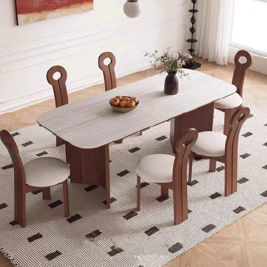 Modern - style Dining Table PDKUE with Solid Wood Veneer and Frosted Rock Slab