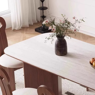 Modern - style Dining Table PDKUE with Solid Wood Veneer and Frosted Rock Slab