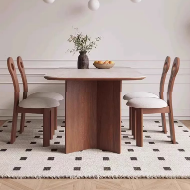 Modern - style Dining Table PDKUE with Solid Wood Veneer and Frosted Rock Slab