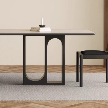 Modern Artistic Dining Table  BDKGB with U - Shaped Hollow Legs, Solid Wood Base and Travertine/Rock Slab Top