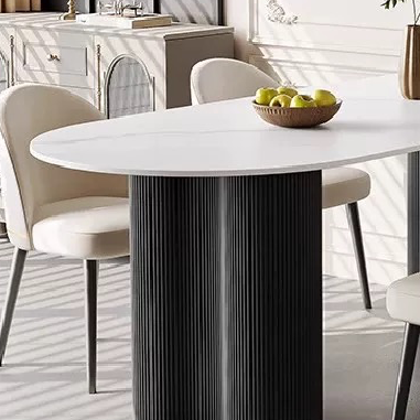 Modern Oval Dining Table NDGGW  with Unique Columnar Solid Wood Legs and Travertine/Rock Slab Top