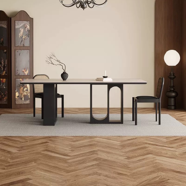 Modern Artistic Dining Table  BDKGB with U - Shaped Hollow Legs, Solid Wood Base and Travertine/Rock Slab Top