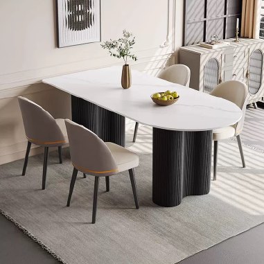 Modern Oval Dining Table NDGGW  with Unique Columnar Solid Wood Legs and Travertine/Rock Slab Top
