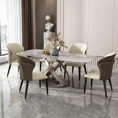 Modern Artistic Dining Table BDHWK with Cross - Ring Carbon Steel Base and 12mm Matte Rock Slab Top