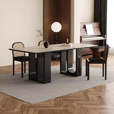Modern Artistic Dining Table  BDKGB with U - Shaped Hollow Legs, Solid Wood Base and Travertine/Rock Slab Top