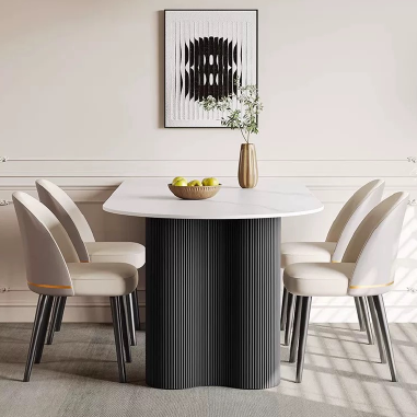 Modern Oval Dining Table NDGGW  with Unique Columnar Solid Wood Legs and Travertine/Rock Slab Top
