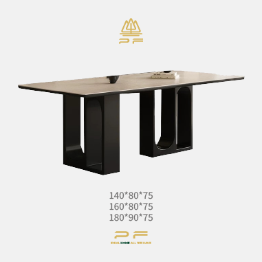 Modern Artistic Dining Table  BDKGB with U - Shaped Hollow Legs, Solid Wood Base and Travertine/Rock Slab Top