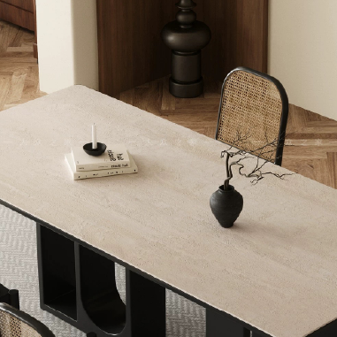 Modern Artistic Dining Table  BDKGB with U - Shaped Hollow Legs, Solid Wood Base and Travertine/Rock Slab Top