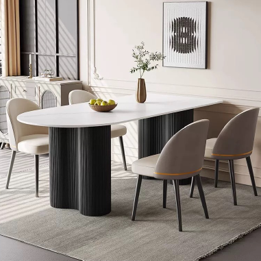 Modern Oval Dining Table NDGGW  with Unique Columnar Solid Wood Legs and Travertine/Rock Slab Top