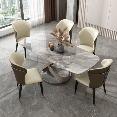 Modern Artistic Dining Table BDHWK with Cross - Ring Carbon Steel Base and 12mm Matte Rock Slab Top