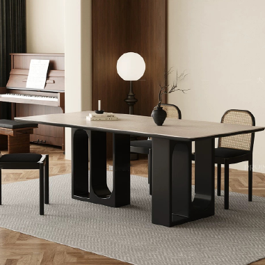 Modern Artistic Dining Table  BDKGB with U - Shaped Hollow Legs, Solid Wood Base and Travertine/Rock Slab Top