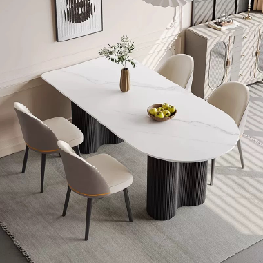 Modern Oval Dining Table NDGGW  with Unique Columnar Solid Wood Legs and Travertine/Rock Slab Top