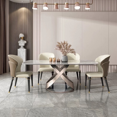 Modern Artistic Dining Table BDHWK with Cross - Ring Carbon Steel Base and 12mm Matte Rock Slab Top