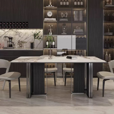 Modern Luxury Dining Table with Matte Sintered Stone Top and Black Titanium Stainless Steel Base PODKL