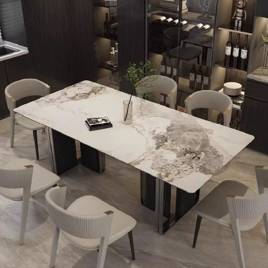 Modern Luxury Dining Table with Matte Sintered Stone Top and Black Titanium Stainless Steel Base PODKL
