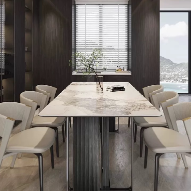 Modern Luxury Dining Table with Matte Sintered Stone Top and Black Titanium Stainless Steel Base PODKL