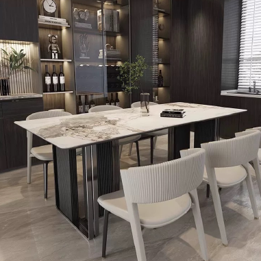 Modern Luxury Dining Table with Matte Sintered Stone Top and Black Titanium Stainless Steel Base PODKL
