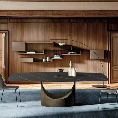Art Deco - Inspired Dining Table  LHIHDE with Hollow Antique Brass Steel Base and Sintered Stone Top