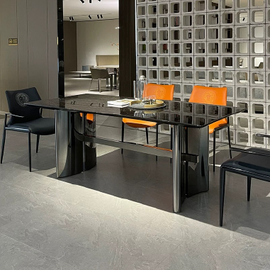 Modern High - Gloss Dining Table  JDUKD with Sintered Stone Top and Black Titanium Stainless Steel Base