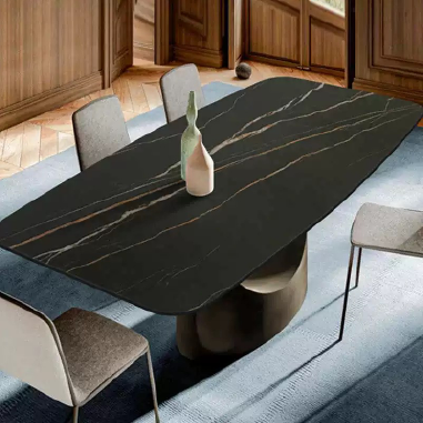 Art Deco - Inspired Dining Table  LHIHDE with Hollow Antique Brass Steel Base and Sintered Stone Top