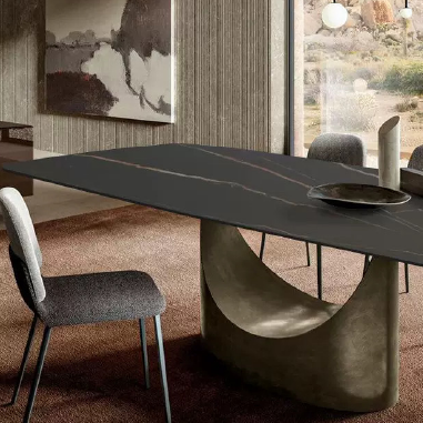 Art Deco - Inspired Dining Table  LHIHDE with Hollow Antique Brass Steel Base and Sintered Stone Top